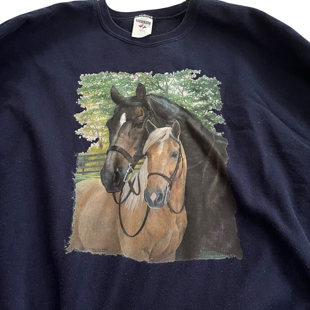 VTG 90s Jerzees Crewneck Pullover 2X Navy Blue Sweatshirt XXL Horses Farm Barn